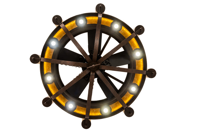 Meyda Lighting Parnella 54" 24-Light Rusty Nail Chandelier With Amber Mica & Light Green Jadestone Cylindres Shade and Fan
