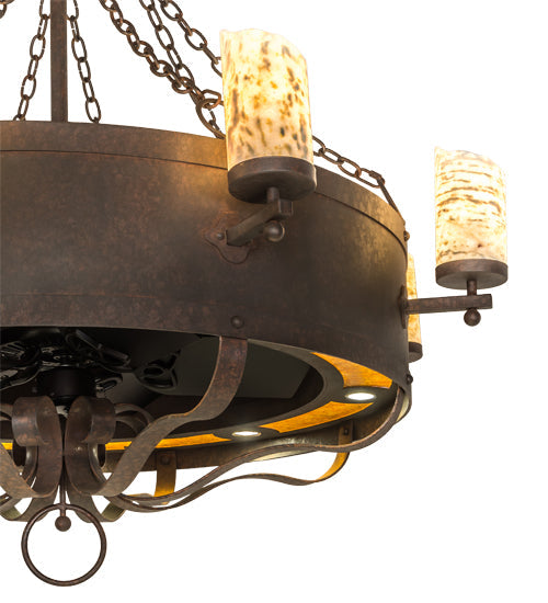 Meyda Lighting Parnella 54" 24-Light Rusty Nail Chandelier With Amber Mica & Light Green Jadestone Cylindres Shade and Fan