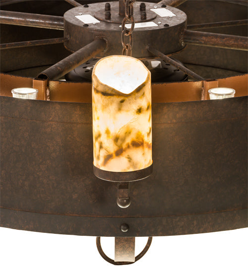 Meyda Lighting Parnella 54" 24-Light Rusty Nail Chandelier With Amber Mica & Light Green Jadestone Cylindres Shade and Fan