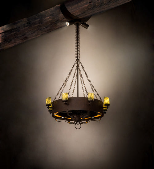 Meyda Lighting Parnella 54" 26-Light LED Rusty Nail Chandelier With Green Jadestone & Amber Mica Shade and Fan