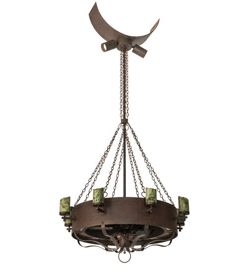 Meyda Lighting Parnella 54" 26-Light LED Rusty Nail Chandelier With Green Jadestone & Amber Mica Shade and Fan