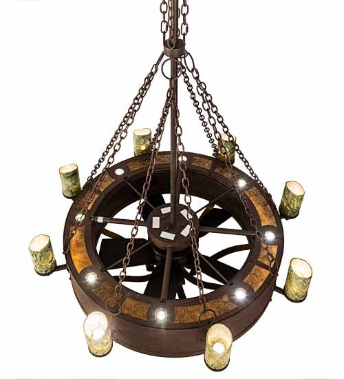 Meyda Lighting Parnella 54" 26-Light LED Rusty Nail Chandelier With Green Jadestone & Amber Mica Shade and Fan