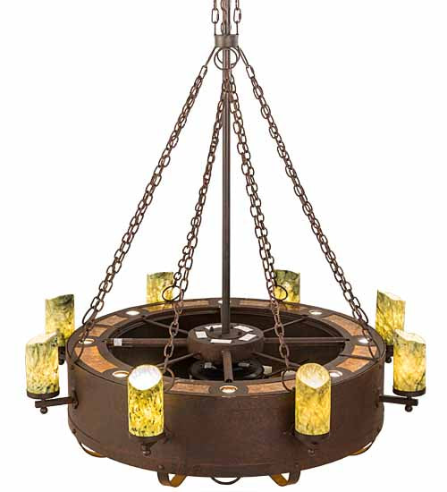 Meyda Lighting Parnella 54" 26-Light LED Rusty Nail Chandelier With Green Jadestone & Amber Mica Shade and Fan