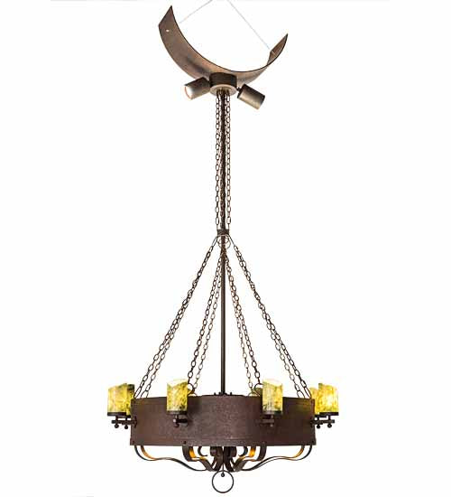 Meyda Lighting Parnella 54" 26-Light LED Rusty Nail Chandelier With Green Jadestone & Amber Mica Shade and Fan