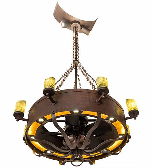 Meyda Lighting Parnella 54" 26-Light LED Rusty Nail Chandelier With Green Jadestone & Amber Mica Shade and Fan