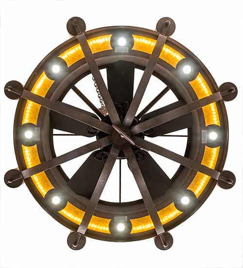 Meyda Lighting Parnella 54" 26-Light LED Rusty Nail Chandelier With Green Jadestone & Amber Mica Shade and Fan