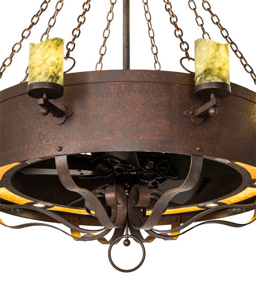 Meyda Lighting Parnella 54" 26-Light LED Rusty Nail Chandelier With Green Jadestone & Amber Mica Shade and Fan