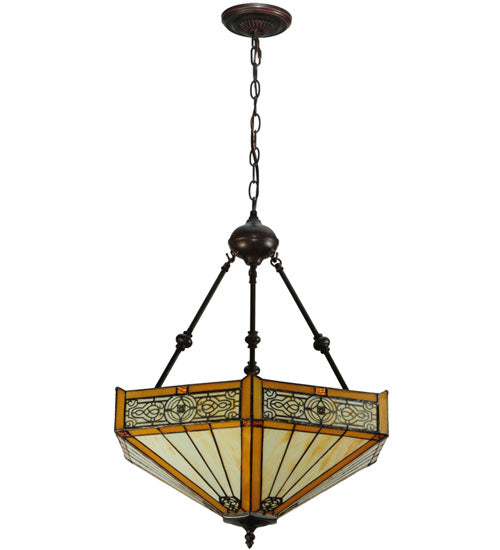 Meyda Lighting Peaches 21" Mahogany Bronze Inverted Pendant Light With Amber and Beige Shade Glass