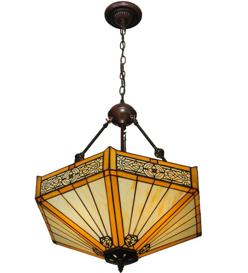 Meyda Lighting Peaches 21" Mahogany Bronze Inverted Pendant Light With Amber and Beige Shade Glass