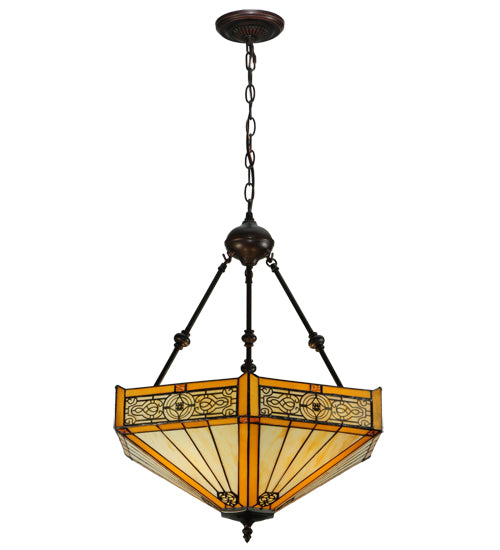 Meyda Lighting Peaches 21" Mahogany Bronze Inverted Pendant Light With Amber and Beige Shade Glass