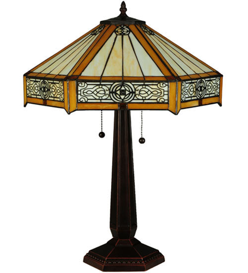 Meyda Lighting Peaches 25" 2-Light Mahogany Bronze Table Lamp With Beige and Honey Shade Glass