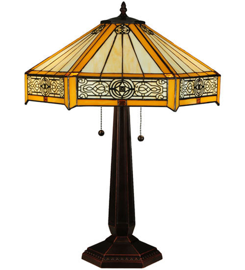 Meyda Lighting Peaches 25" 2-Light Mahogany Bronze Table Lamp With Beige and Honey Shade Glass