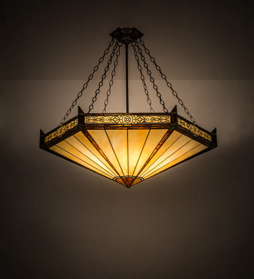 Meyda Lighting Peaches 42" 6-Light Mahogany Bronze Inverted Pendant Light With Brown & Beige Shade Glass