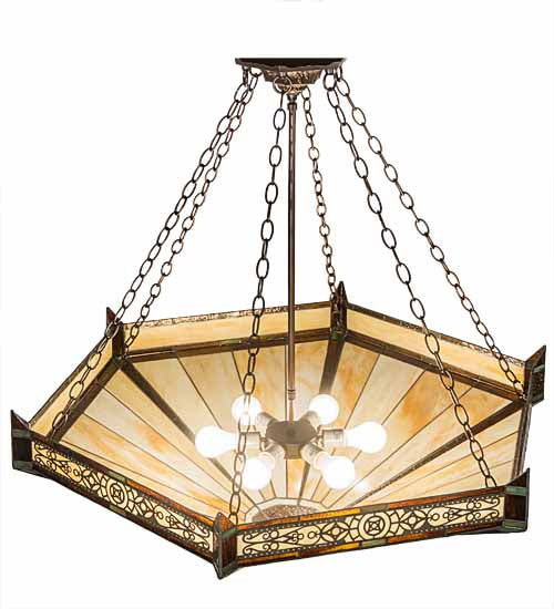 Meyda Lighting Peaches 42" 6-Light Mahogany Bronze Inverted Pendant Light With Brown & Beige Shade Glass