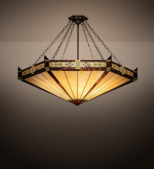 Meyda Lighting Peaches 49" 6-Light Mahogany Bronze Inverted Pendant Light With Amber & Beige Stained Shade Glass