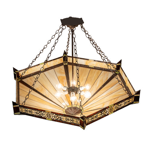 Meyda Lighting Peaches 49" 6-Light Mahogany Bronze Inverted Pendant Light With Amber & Beige Stained Shade Glass