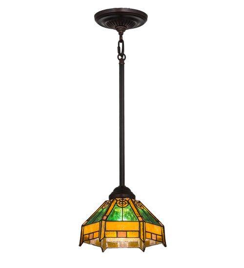Meyda Lighting Peaches 8" Mahogany Bronze Mini Pendant Light With Honey Amber & Emerald Green Shade Glass