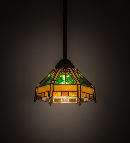 Meyda Lighting Peaches 8" Mahogany Bronze Mini Pendant Light With Honey Amber & Emerald Green Shade Glass