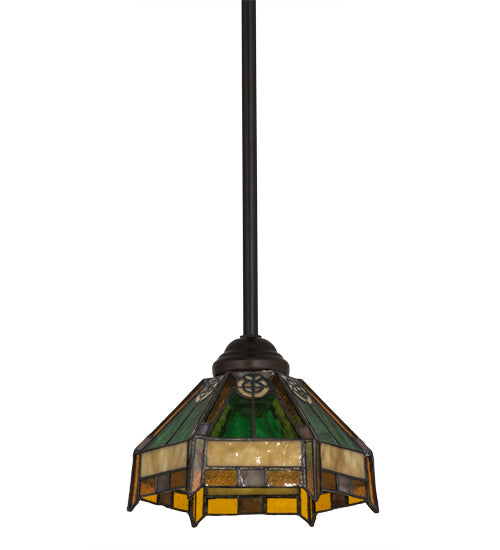 Meyda Lighting Peaches 8" Mahogany Bronze Mini Pendant Light With Honey Amber & Emerald Green Shade Glass