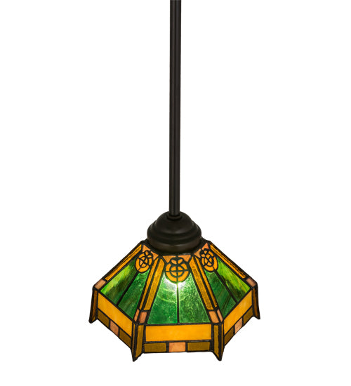 Meyda Lighting Peaches 8" Mahogany Bronze Mini Pendant Light With Honey Amber & Emerald Green Shade Glass