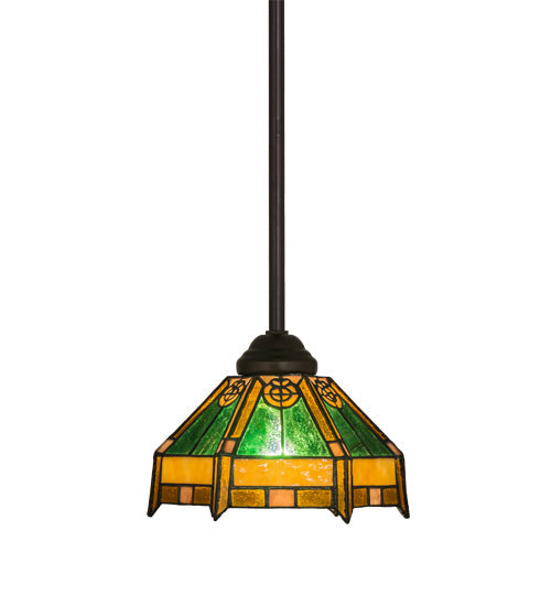 Meyda Lighting Peaches 8" Mahogany Bronze Mini Pendant Light With Honey Amber & Emerald Green Shade Glass