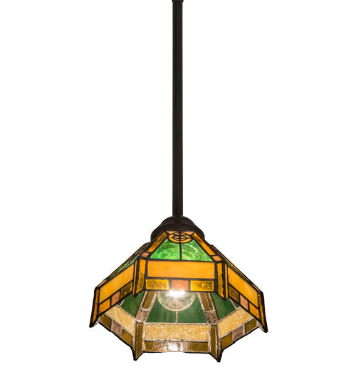 Meyda Lighting Peaches 8" Mahogany Bronze Mini Pendant Light With Honey Amber & Emerald Green Shade Glass