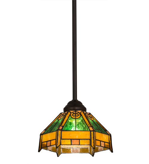 Meyda Lighting Peaches 8" Mahogany Bronze Mini Pendant Light With Honey Amber & Emerald Green Shade Glass