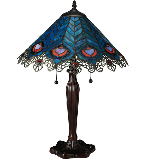 Meyda Lighting Peacock Feather 23" 2-Light Mahogany Bronze Lace Table Lamp With Multi-Colored Shade Glass