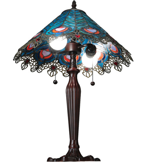 Meyda Lighting Peacock Feather 23" 2-Light Mahogany Bronze Lace Table Lamp With Multi-Colored Shade Glass