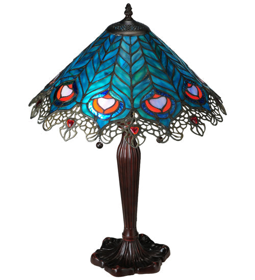 Meyda Lighting Peacock Feather 23" 2-Light Mahogany Bronze Lace Table Lamp With Multi-Colored Shade Glass