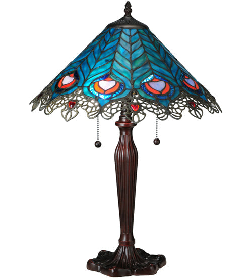 Meyda Lighting Peacock Feather 23" 2-Light Mahogany Bronze Lace Table Lamp With Multi-Colored Shade Glass