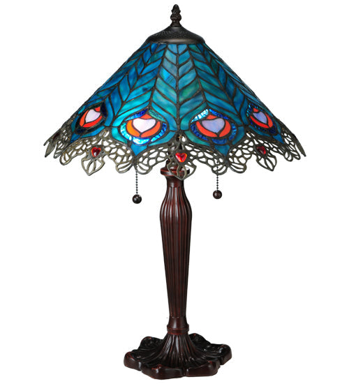 Meyda Lighting Peacock Feather 23" 2-Light Mahogany Bronze Lace Table Lamp With Multi-Colored Shade Glass