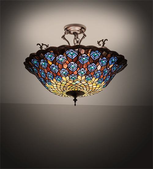 Meyda Lighting Peacock Feather 24" 3-Light Mahogany Bronze Semi-flush Mount Light With Multi-Colored Shade Glass
