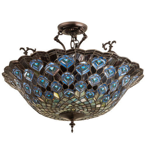 Meyda Lighting Peacock Feather 24" 3-Light Mahogany Bronze Semi-flush Mount Light With Multi-Colored Shade Glass