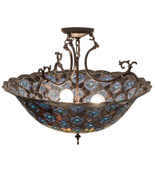 Meyda Lighting Peacock Feather 24" 3-Light Mahogany Bronze Semi-flush Mount Light With Multi-Colored Shade Glass