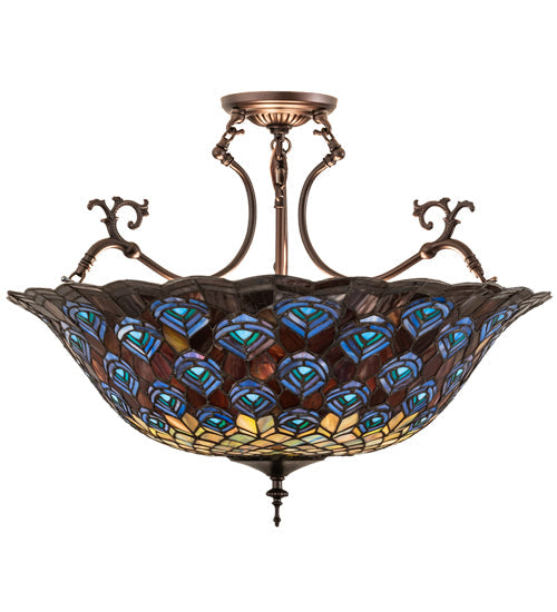 Meyda Lighting Peacock Feather 24" 3-Light Mahogany Bronze Semi-flush Mount Light With Multi-Colored Shade Glass