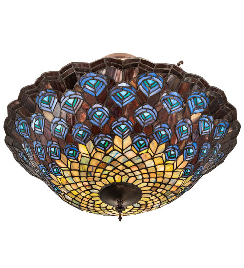 Meyda Lighting Peacock Feather 24" 3-Light Mahogany Bronze Semi-flush Mount Light With Multi-Colored Shade Glass
