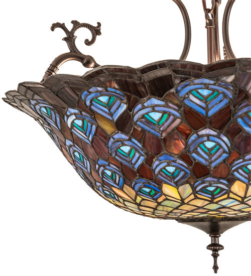Meyda Lighting Peacock Feather 24" 3-Light Mahogany Bronze Semi-flush Mount Light With Multi-Colored Shade Glass