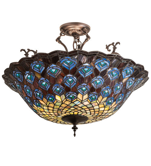 Meyda Lighting Peacock Feather 24" 3-Light Mahogany Bronze Semi-flush Mount Light With Multi-Colored Shade Glass