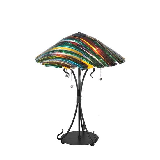 Meyda Lighting Penna di Pavone 24" 3-Light Textured Black Table Lamp With Multi-Colored Shade Glass