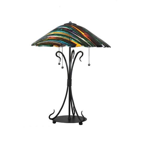 Meyda Lighting Penna di Pavone 24" 3-Light Textured Black Table Lamp With Multi-Colored Shade Glass