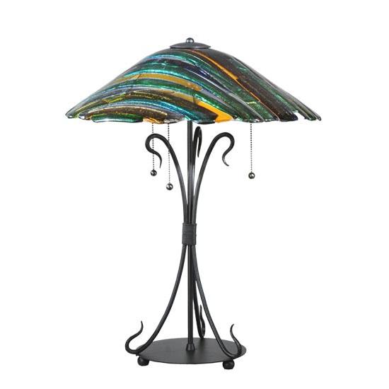 Meyda Lighting Penna di Pavone 24" 3-Light Textured Black Table Lamp With Multi-Colored Shade Glass