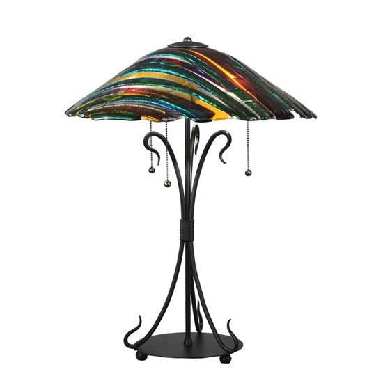 Meyda Lighting Penna di Pavone 24" 3-Light Textured Black Table Lamp With Multi-Colored Shade Glass
