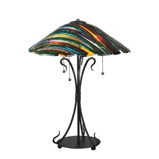 Meyda Lighting Penna di Pavone 24" 3-Light Textured Black Table Lamp With Multi-Colored Shade Glass