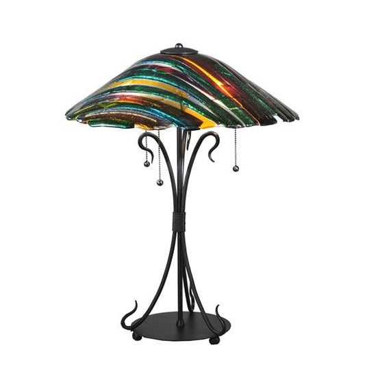 Meyda Lighting Penna di Pavone 24" 3-Light Textured Black Table Lamp With Multi-Colored Shade Glass