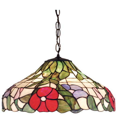 Meyda Lighting Peony 20" 3-Light Mahogany Bronze Pendant Light With Multi-Colored Stained Shade Glass