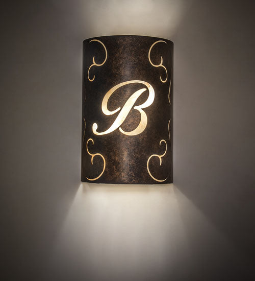 Meyda Lighting Personalized 10" 2-Light Gothic Gold B Monogram Wall Sconce With Sahara Taupe Idalight Shade