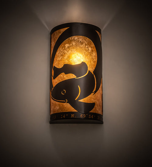 Meyda Lighting Personalized 10" 2-Light Oil Rubbed Bronze Q Fish Wall Sconce With Amber Mica Shade Glass
