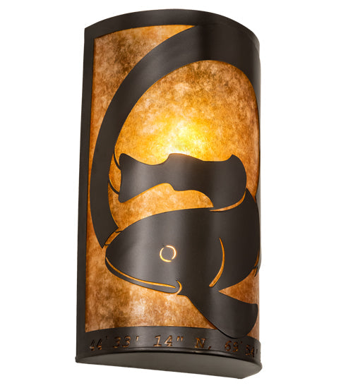 Meyda Lighting Personalized 10" 2-Light Oil Rubbed Bronze Q Fish Wall Sconce With Amber Mica Shade Glass