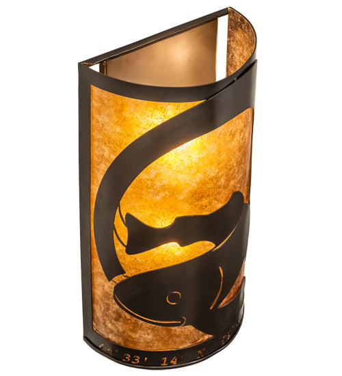 Meyda Lighting Personalized 10" 2-Light Oil Rubbed Bronze Q Fish Wall Sconce With Amber Mica Shade Glass
